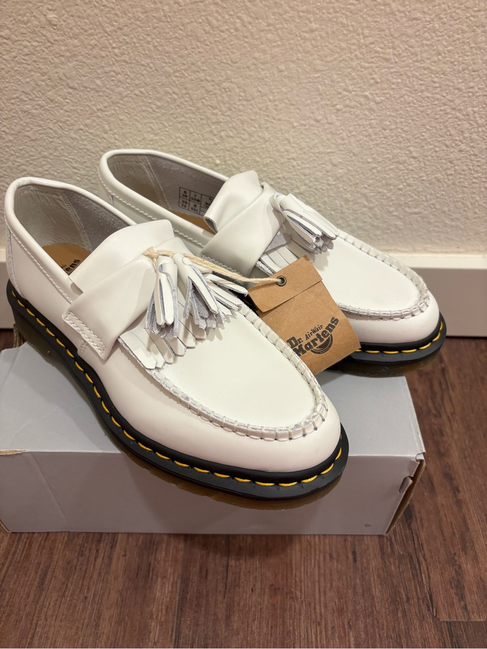 Dr. Martens White Leather Tassel Loafers with Yellow Stitching
